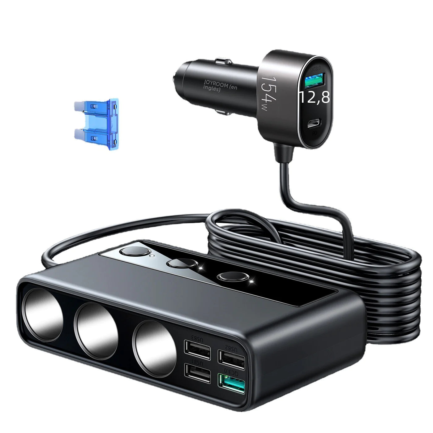 154W Multi-Port Car Charger — Front &amp; Rear Seat Charging Hub