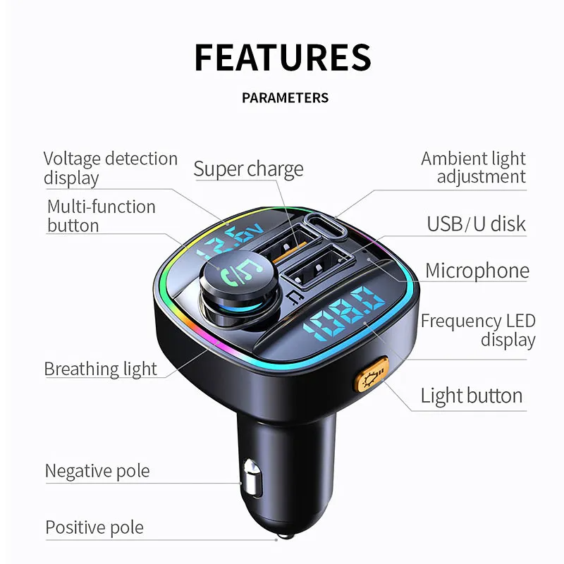 Bluetooth 5.0 Car FM Transmitter - USB PD Charger & Hands-Free AUX