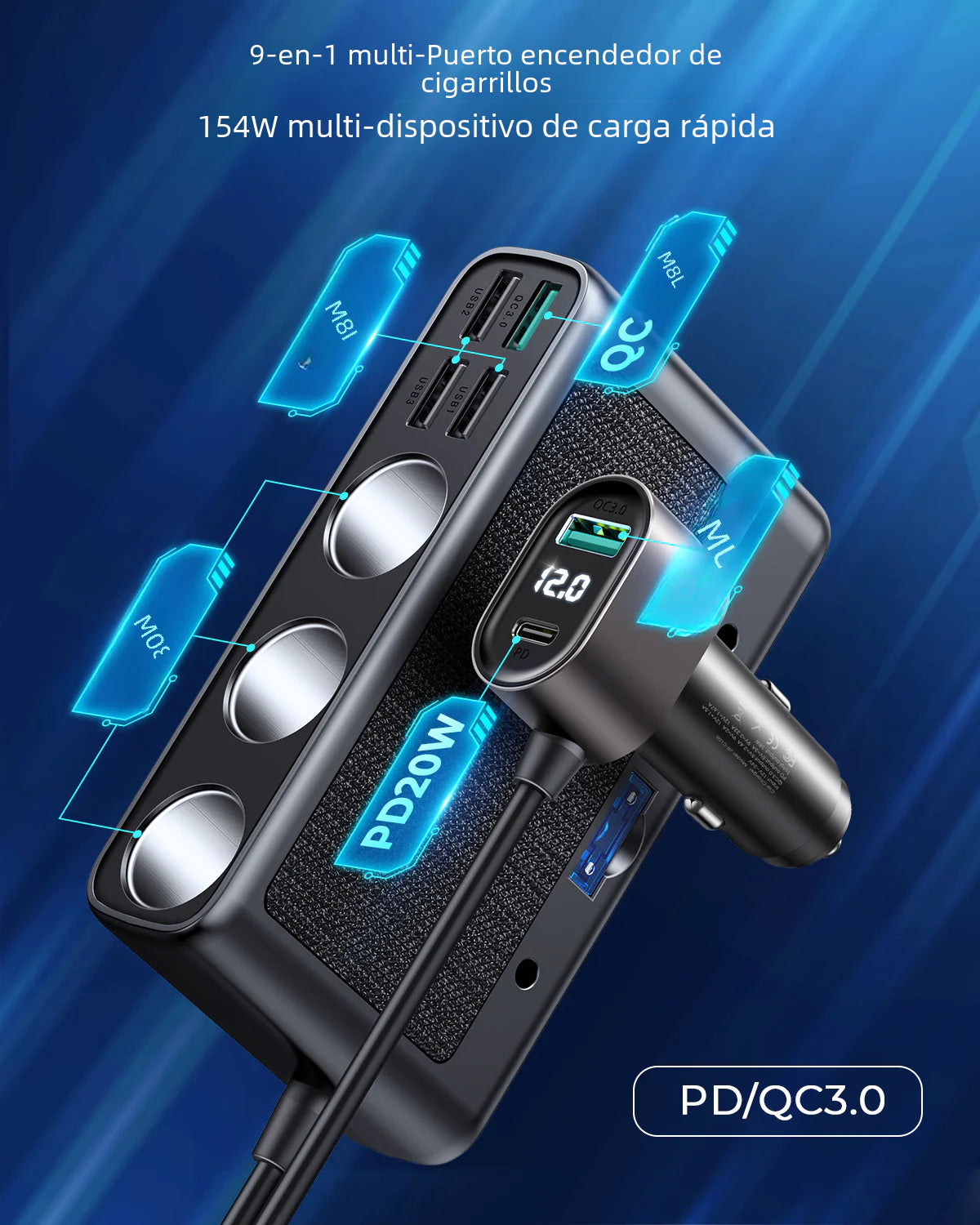 154W Multi-Port Car Charger — Front &amp; Rear Seat Charging Hub