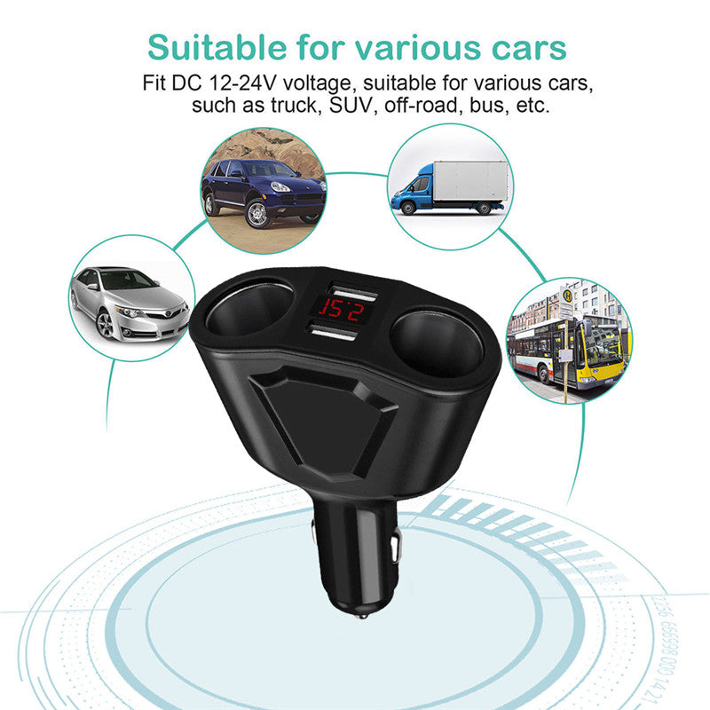 4-Port USB Fast Car Charger - Digital Display, 4-Device Charging