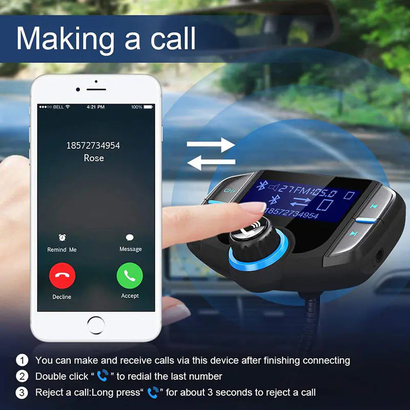 Bluetooth FM Transmitter Car Adapter — Wireless Audio + QC3.0 Fast Charge