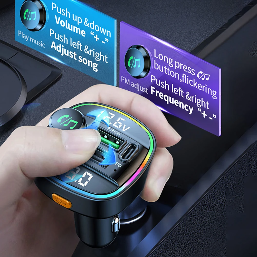 Bluetooth 5.0 Car FM Transmitter - USB PD Charger & Hands-Free AUX