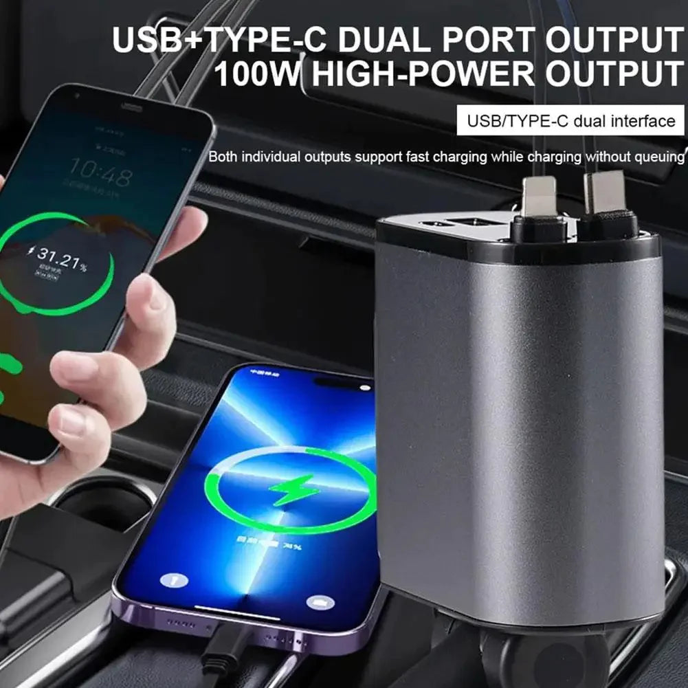Retractable 4-in-1 Car Charger — Built-In Cables, No Clutter