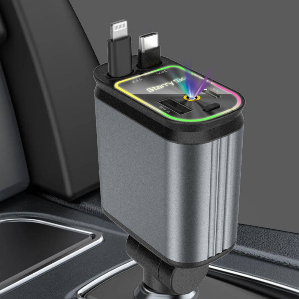 4-in-1 Car Charger - 120W Retractable, Starry Sky LED