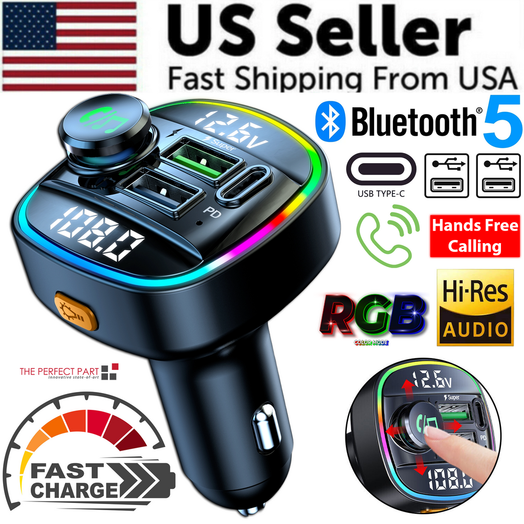 Bluetooth 5.0 Car FM Transmitter - USB PD Charger & Hands-Free AUX