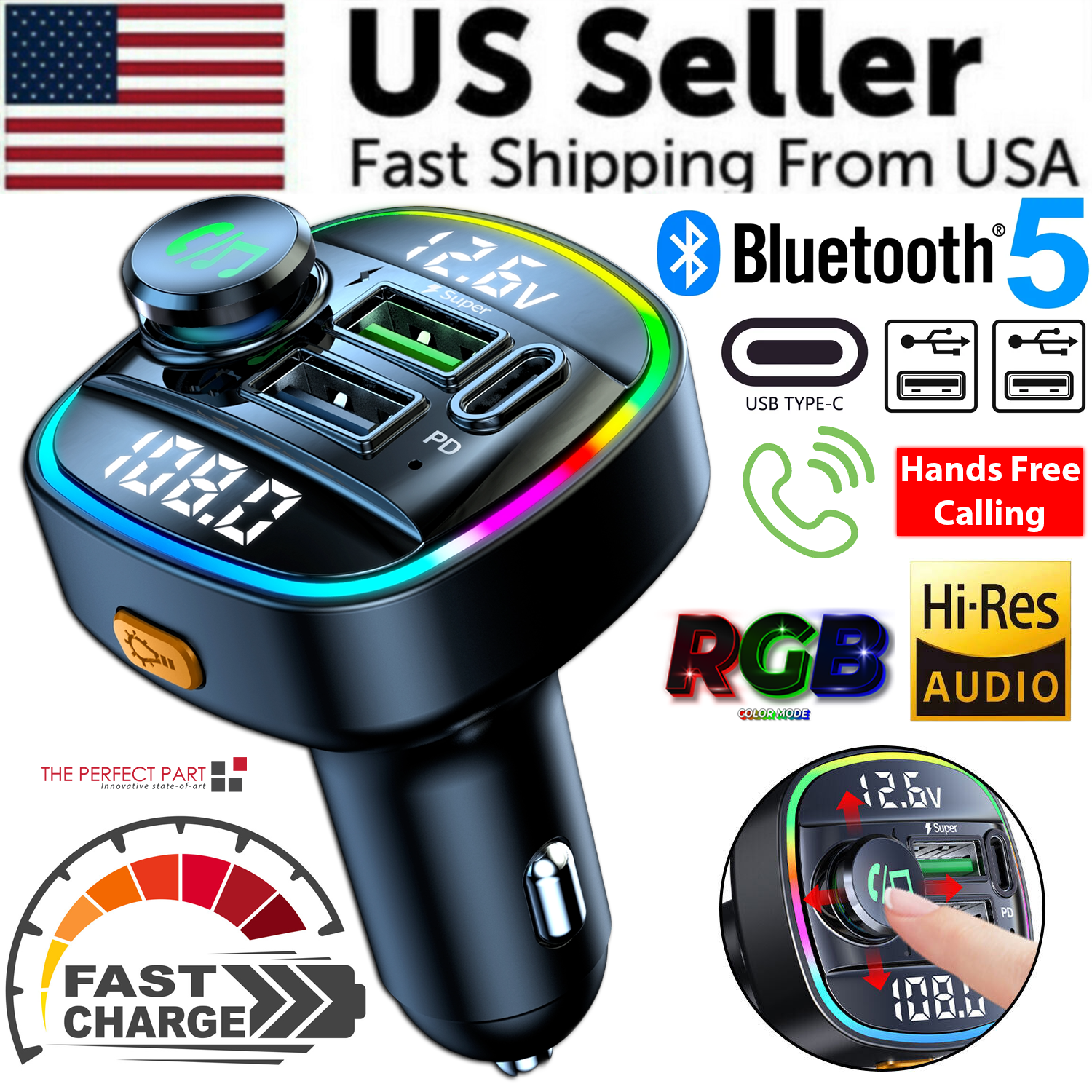 Bluetooth 5.0 Car FM Transmitter - USB PD Charger & Hands-Free AUX