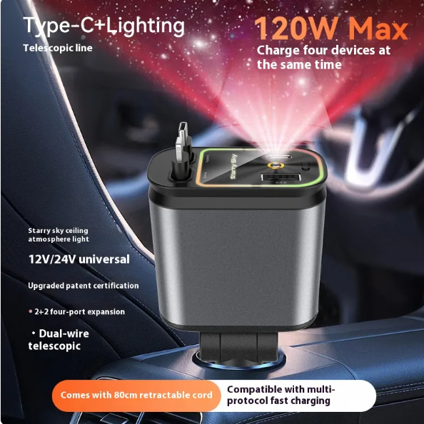 4-in-1 Fast Car Charger 120W - USB-C & USB with Retractable Cable