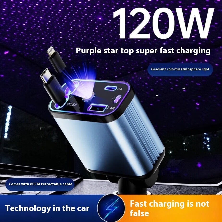 Flexible 120W Fast Car Charger - USB-C & USB, Ambient Light