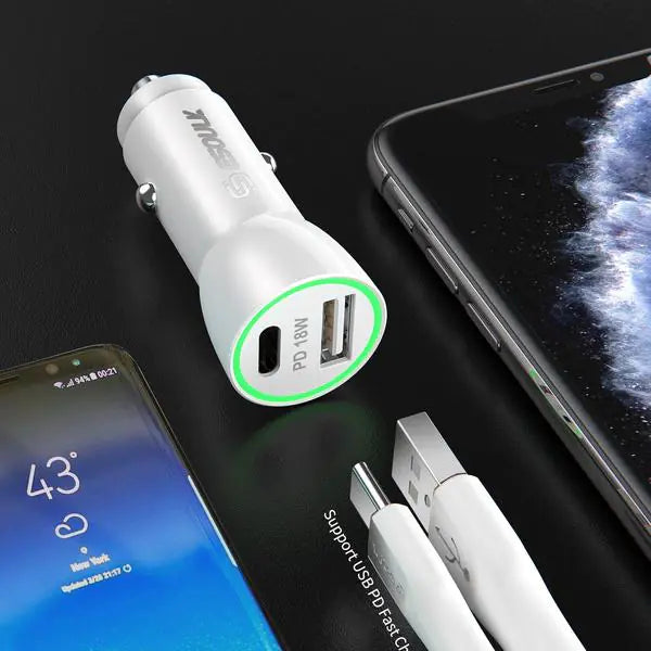 18W PD Dual-Port Car Charger — USB-C + USB-A Fast Charge