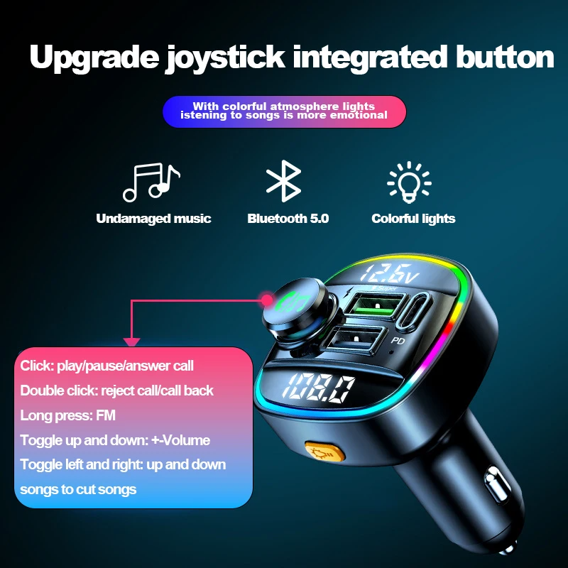 Bluetooth 5.0 Car FM Transmitter - USB PD Charger & Hands-Free AUX