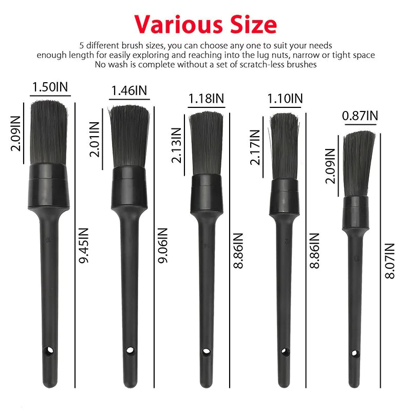Car Detailing Brush Set — 5-Piece Boar Hair Kit