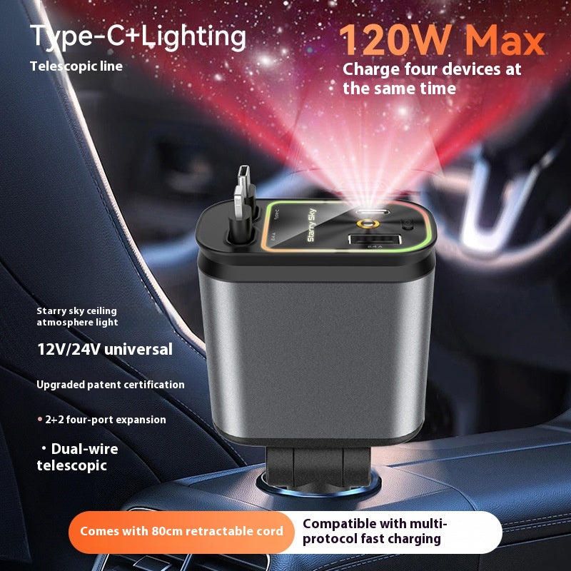 4-in-1 Car Charger - 120W Retractable, Starry Sky LED