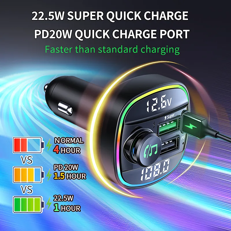 Bluetooth 5.0 Car FM Transmitter - USB PD Charger & Hands-Free AUX