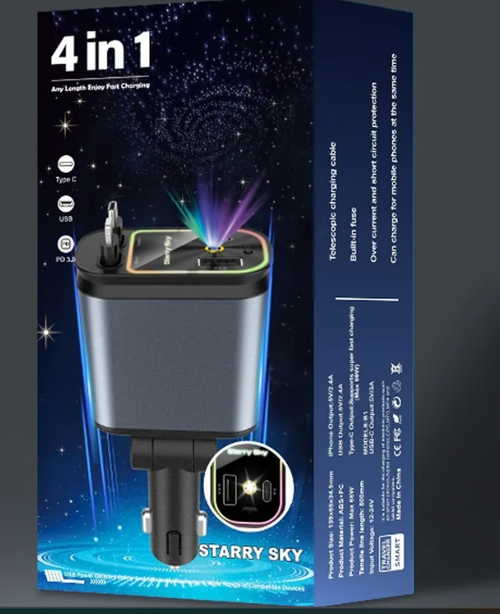 4-in-1 Fast Car Charger 120W - USB-C & USB with Retractable Cable