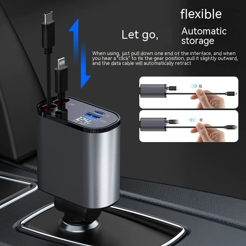 Retractable 4-in-1 Car Charger — Built-In Cables, No Clutter
