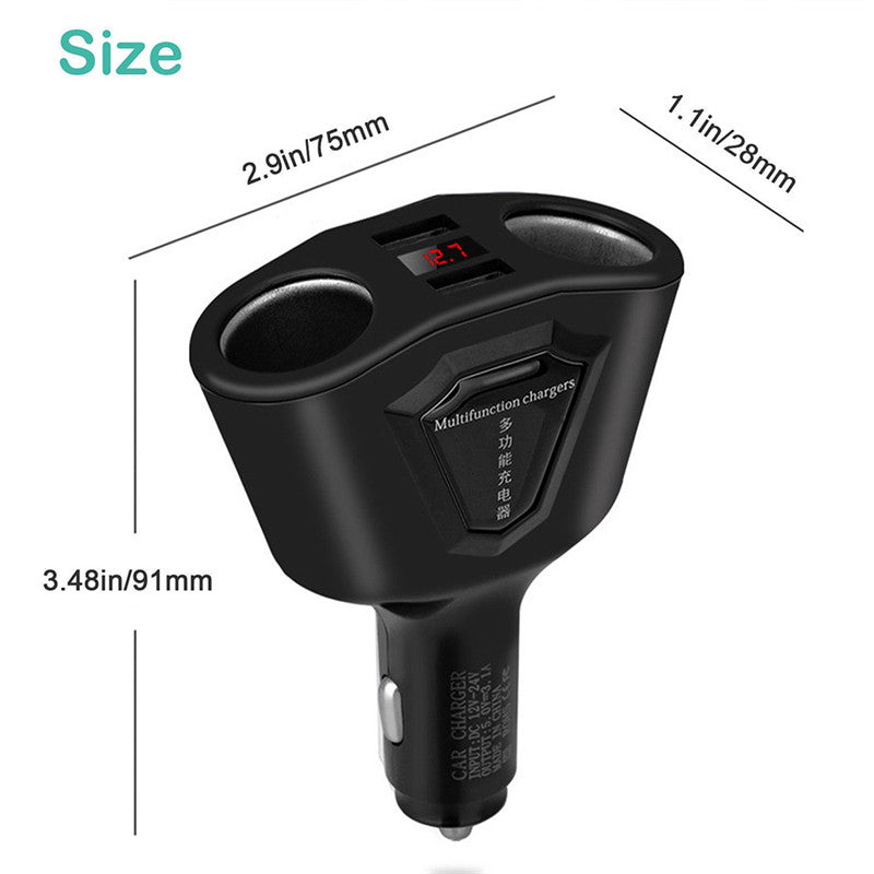 4-Port USB Fast Car Charger - Digital Display, 4-Device Charging