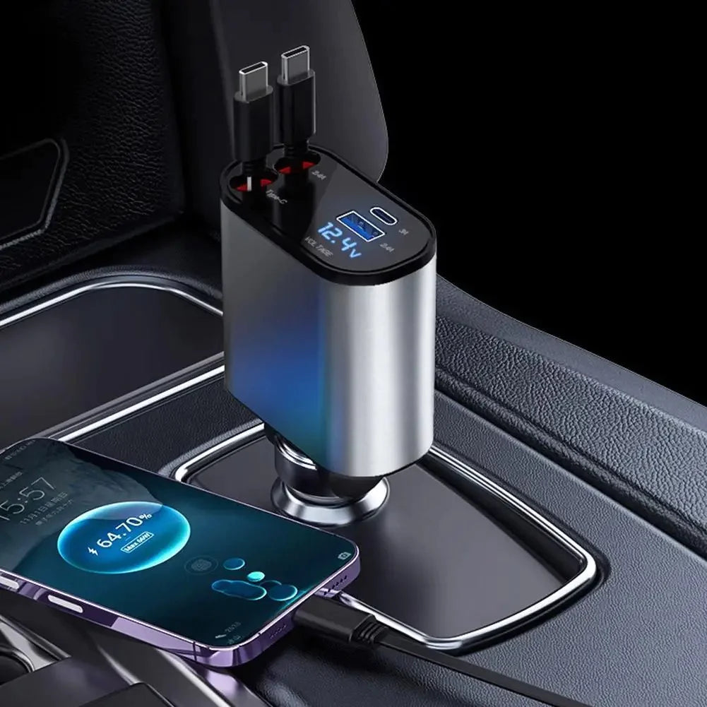 Retractable 4-in-1 Car Charger — Built-In Cables, No Clutter
