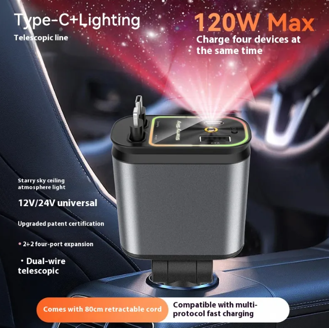 4-in-1 Fast Car Charger 120W - USB-C & USB with Retractable Cable