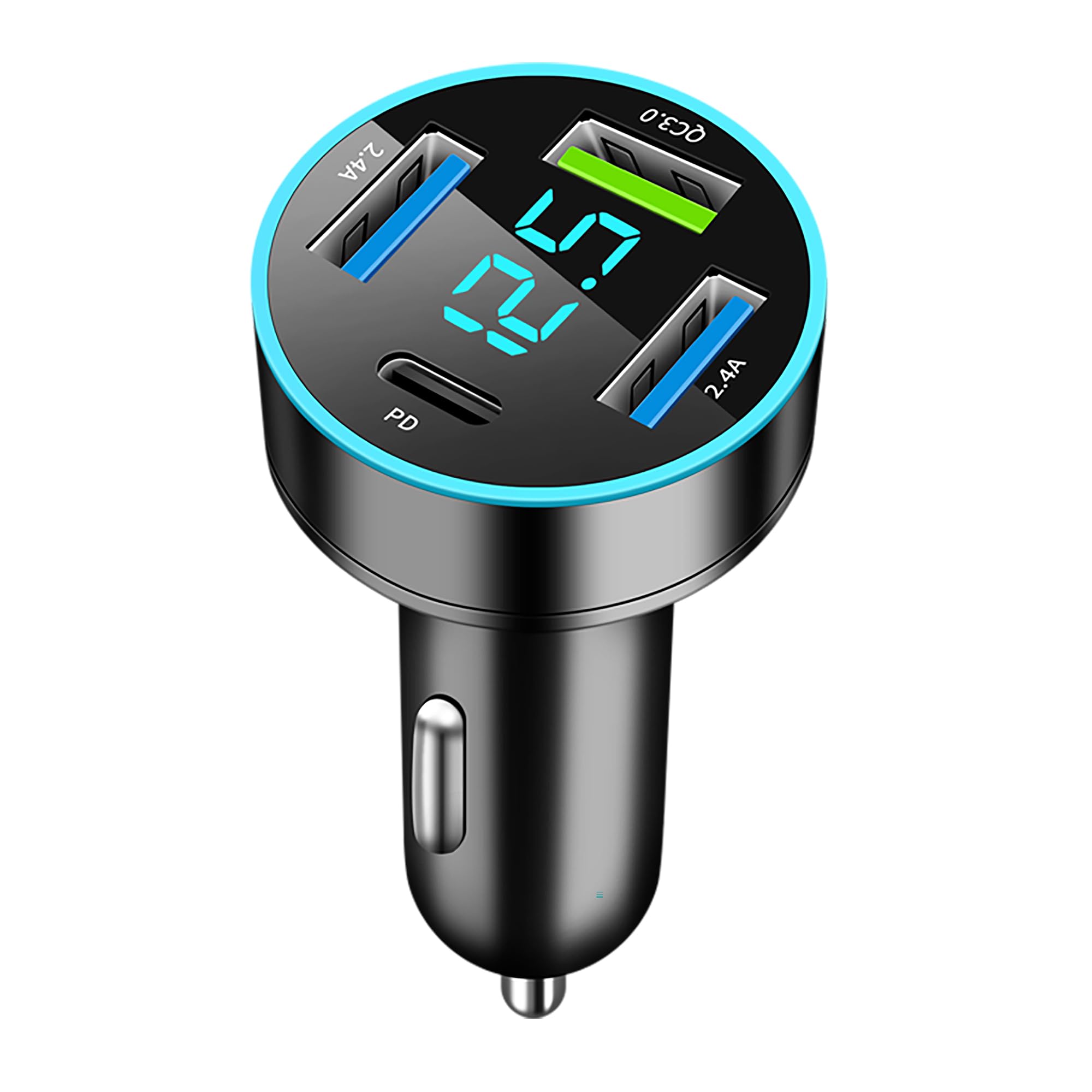 4-Port USB-C Car Charger - PD 3.0 & QC 3.0 Fast Charge, Voltage Display