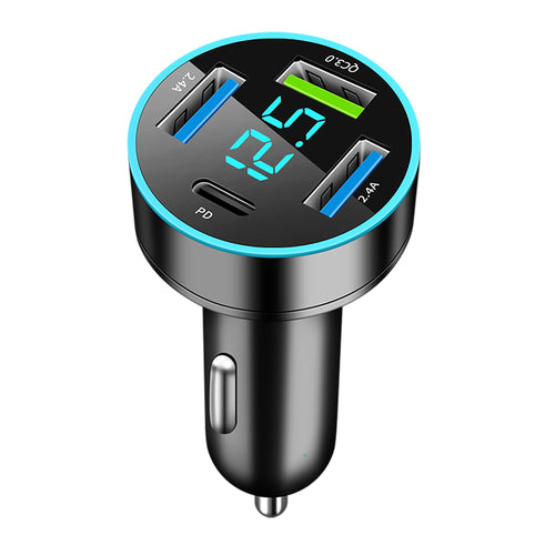 4-Port USB-C Car Charger - PD 3.0 & QC 3.0 Fast Charge, Voltage Display
