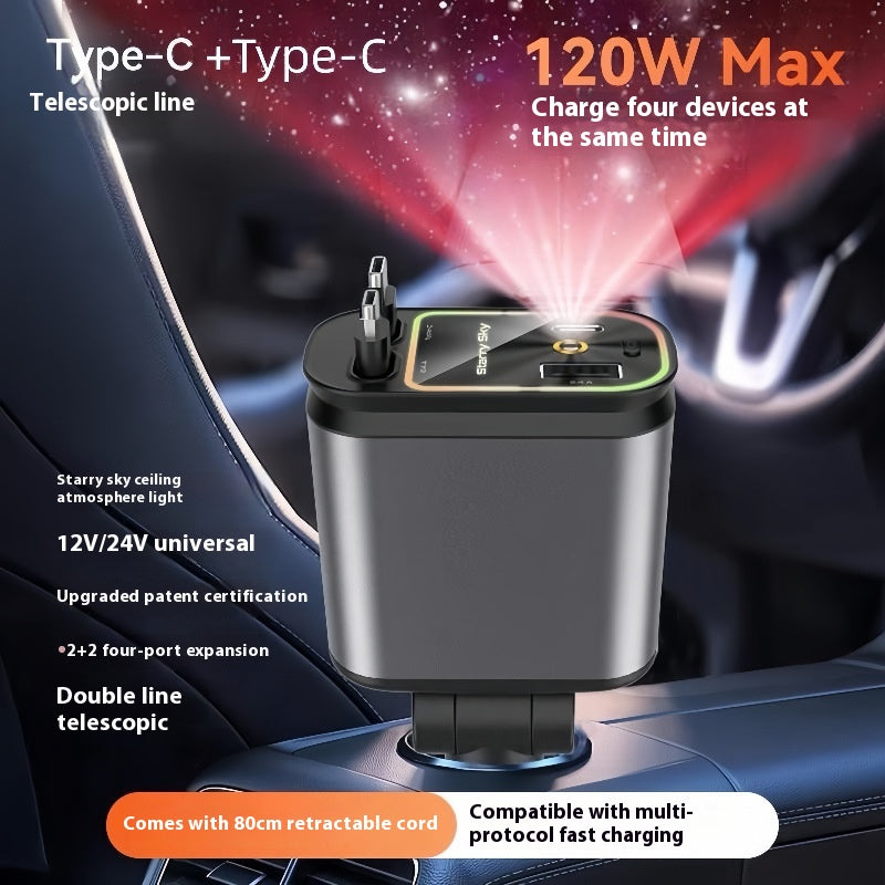 4-in-1 Car Charger - 120W Retractable, Starry Sky LED