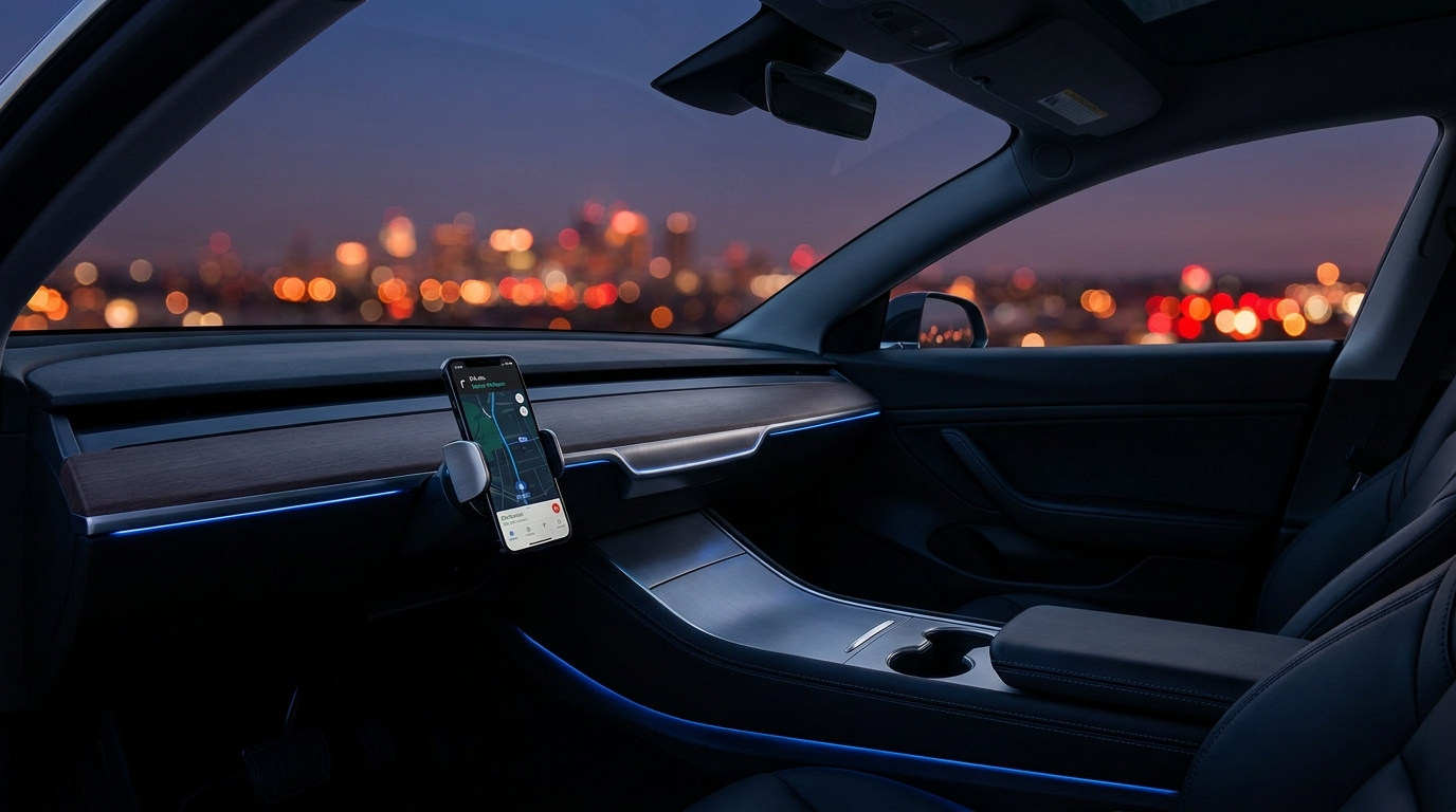 DriveDeck — car interior at night with phone mount and ambient lighting