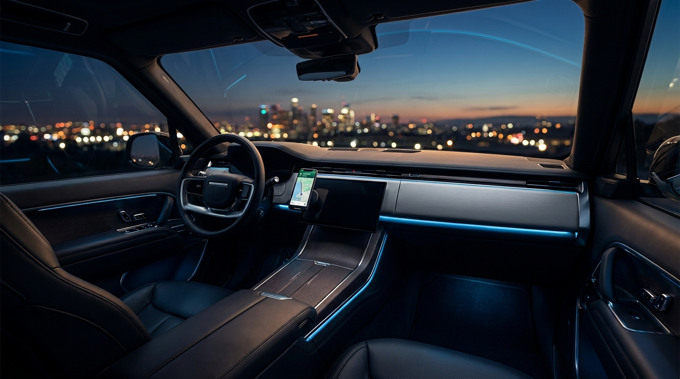 DriveDeck — premium car interior at dusk with mounted phone and ambient lighting