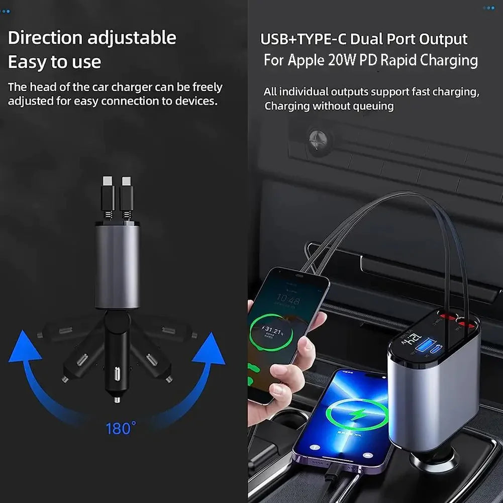 Retractable 4-in-1 Car Charger — Built-In Cables, No Clutter