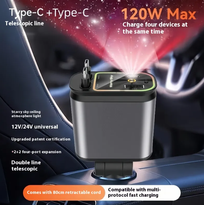 4-in-1 Fast Car Charger 120W - USB-C & USB with Retractable Cable