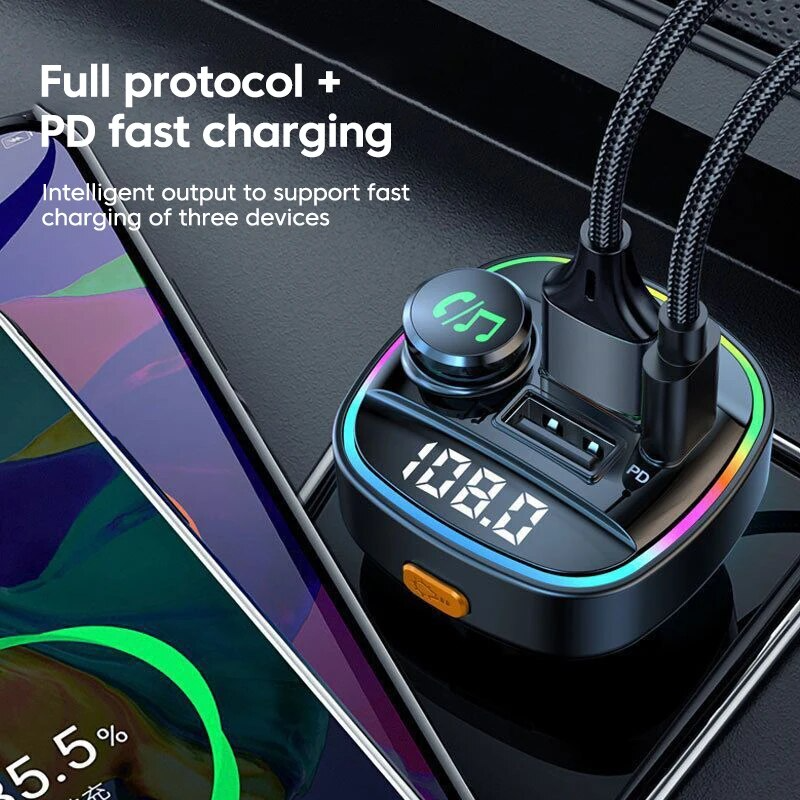 Bluetooth 5.0 Car FM Transmitter - USB PD Charger & Hands-Free AUX