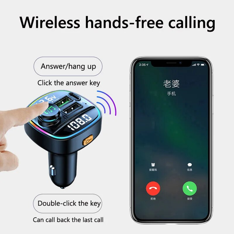 Bluetooth 5.0 Car FM Transmitter - USB PD Charger & Hands-Free AUX
