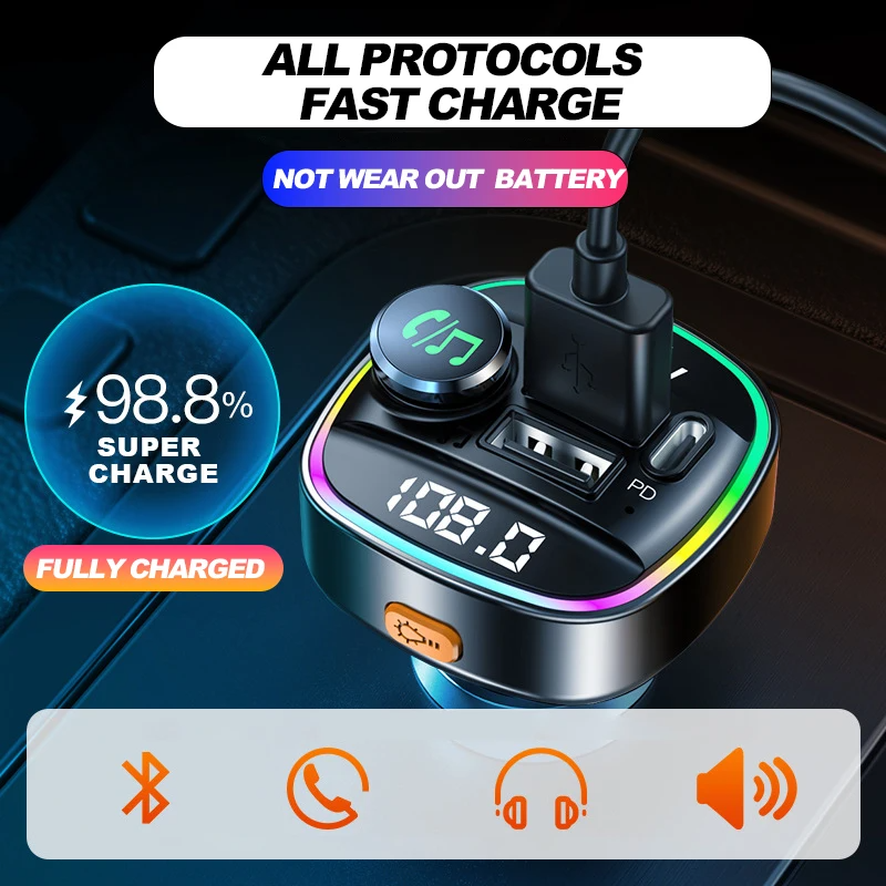 Bluetooth 5.0 Car FM Transmitter - USB PD Charger & Hands-Free AUX