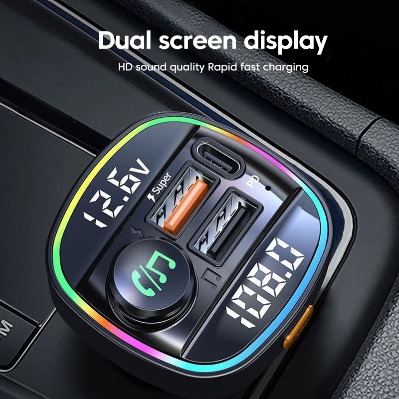 Bluetooth 5.0 Car FM Transmitter - USB PD Charger & Hands-Free AUX