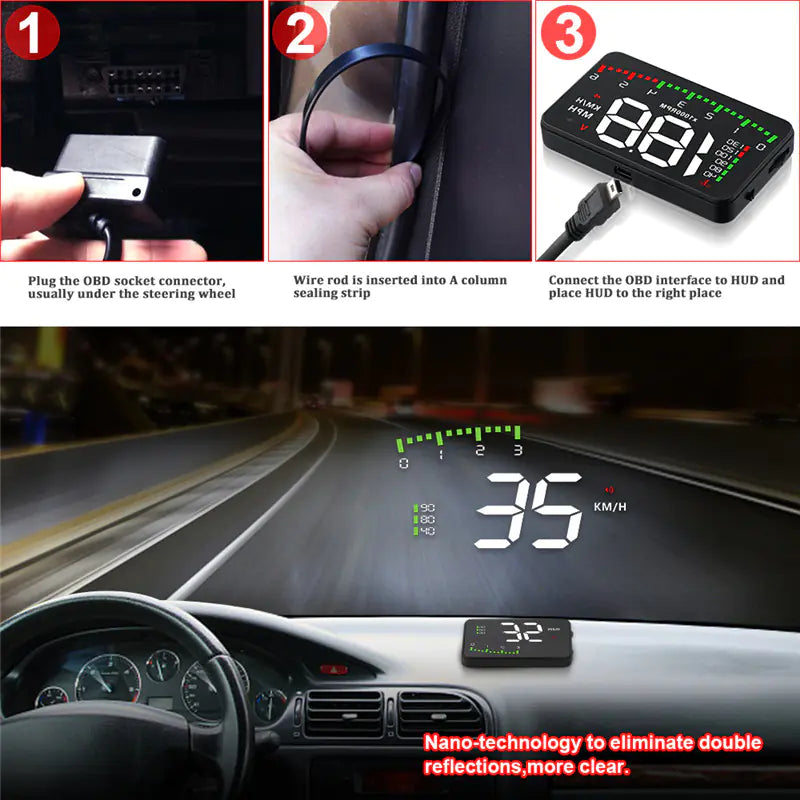 OBD2 Head-Up Display — Windshield Speed &amp; RPM Projector